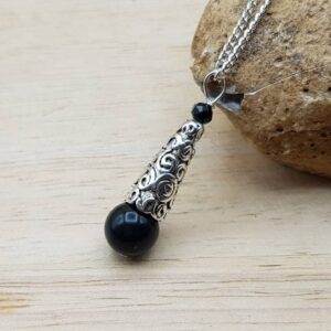 Rainbow Obsidian cone pendant necklace. Reiki jewelry uk. Silver plated Wire wrapped pendant.  10mm stone