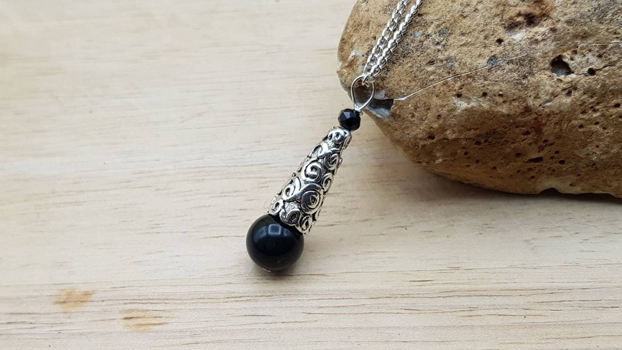Rainbow Obsidian Cone Pendant Necklace. Reiki Jewelry Uk. Silver Plated Wire Wrapped Pendant.  10mm Stone