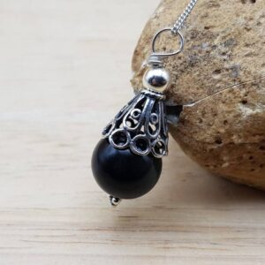 Rainbow Obsidian cone pendant. Reiki jewelry uk. Black semi precious stone 12mm. Bali silver necklaces for women.  Empowered crystals
