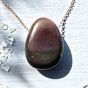 Drilled Rainbow Obsidian Pendant, Volcanic Glass With Purple Layers, Cord Or Silver Chain Necklace