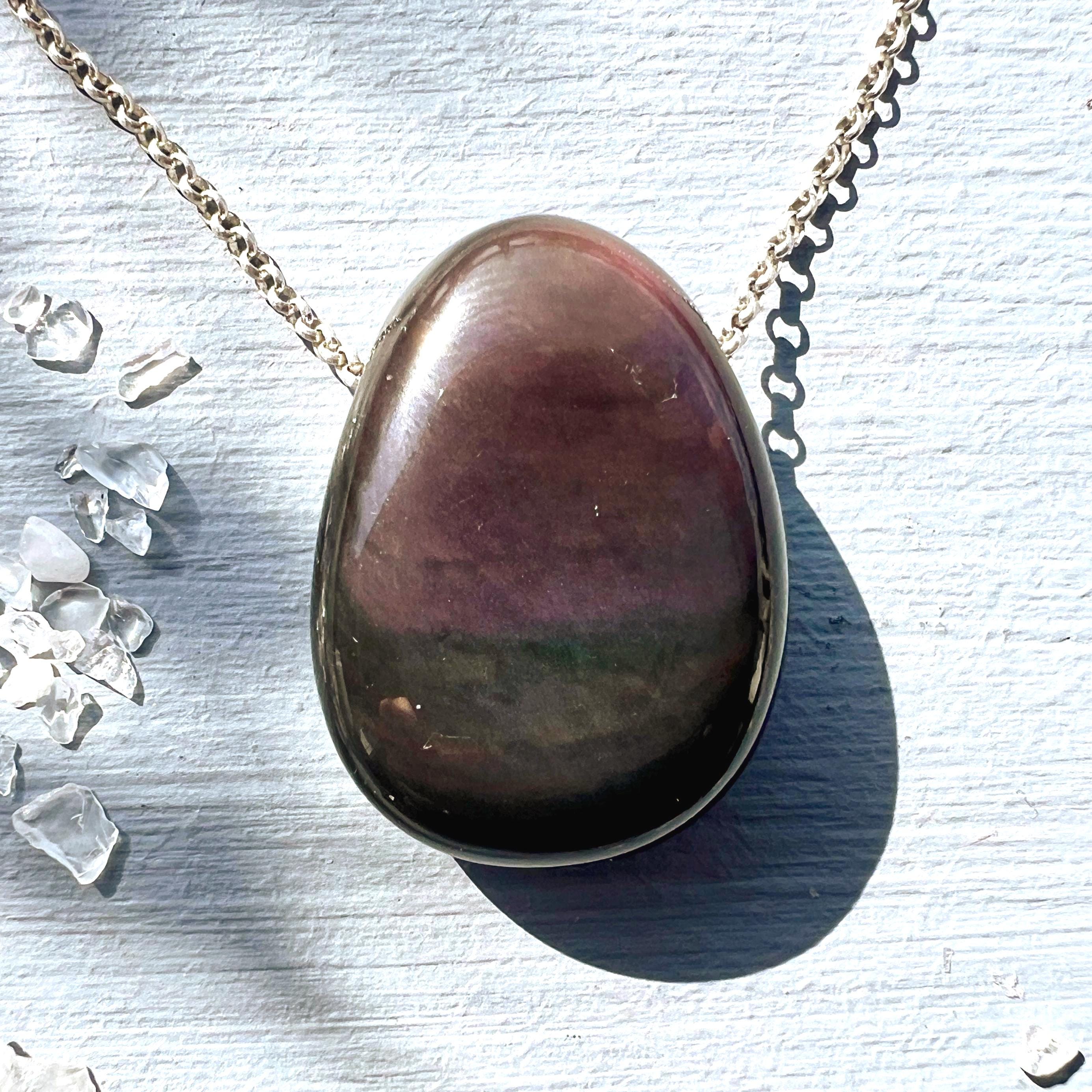 Drilled Rainbow Obsidian Pendant, Volcanic Glass With Purple Layers, Cord Or Silver Chain Necklace Drilled Rainbow Obsidian Pendant, Volcanic Glass With Purple Layers, Cord Or Silver Chain Necklace