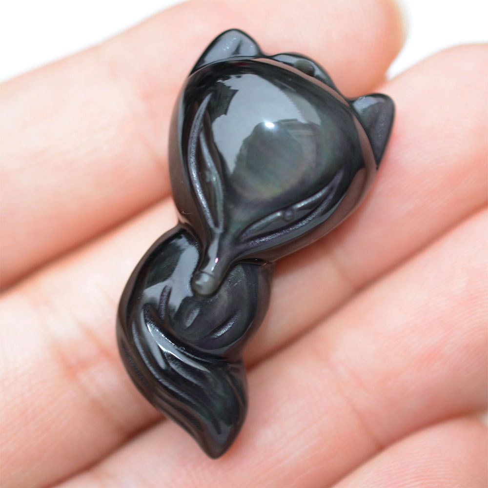 G0598 Natural Rainbow Obsidian Carved Cute Fox Pendant Bead 35mm