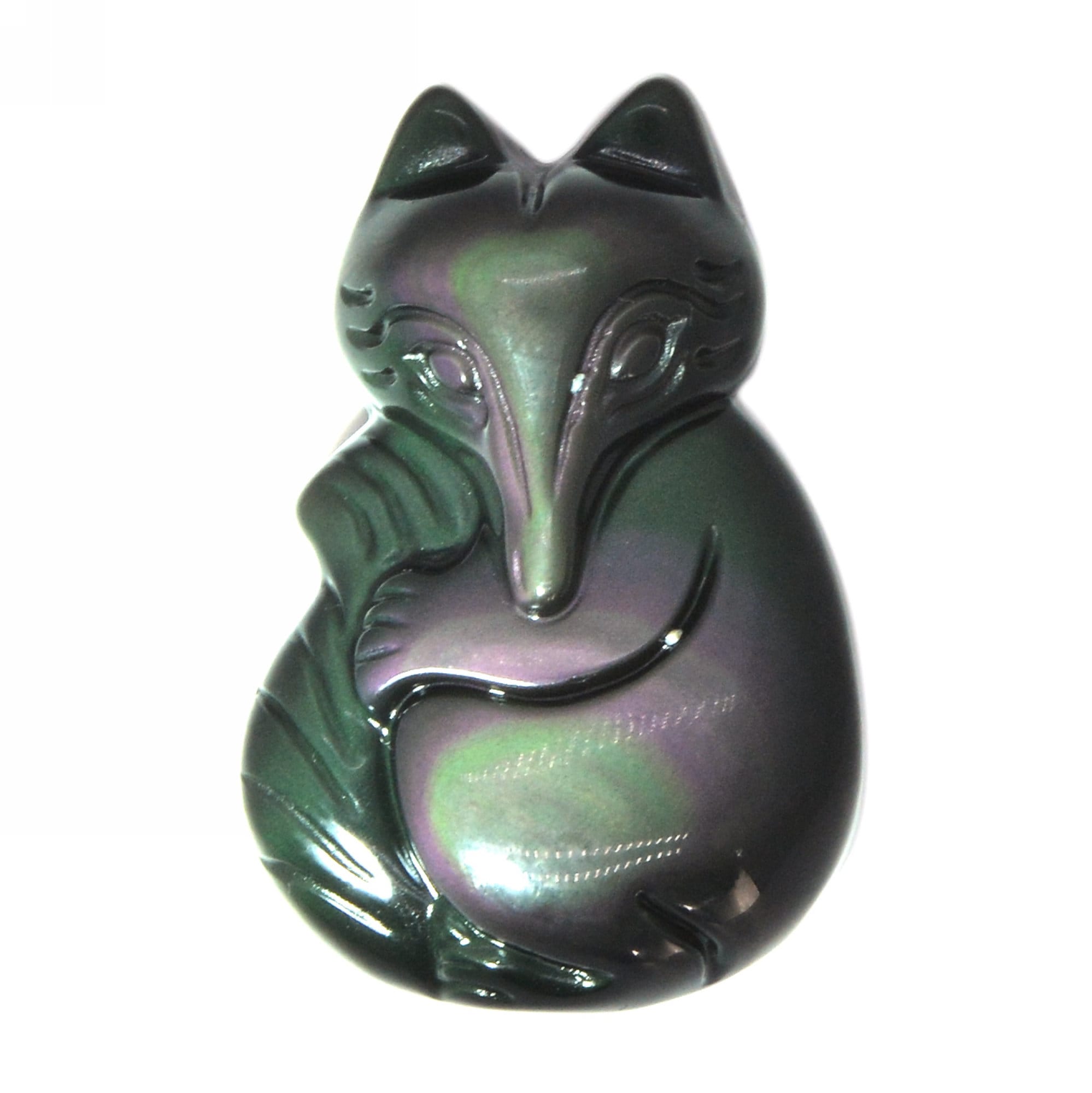 G0599 Natural Rainbow Obsidian Carved Cute Fox Pendant Bead 38mm G0599 Natural Rainbow Obsidian Carved Cute Fox Pendant Bead 38mm