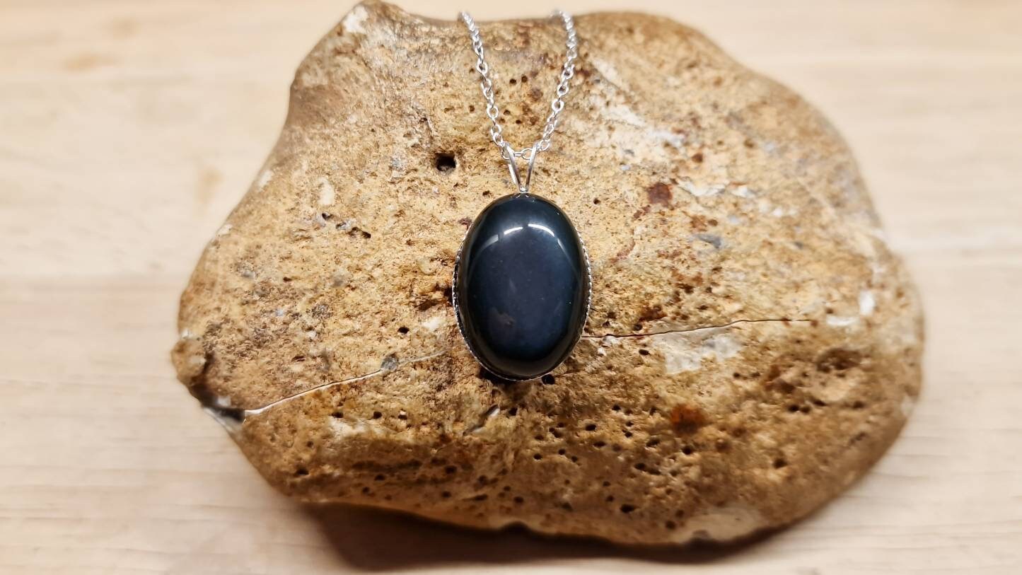 Rainbow Obsidian Pendant Necklace. Black Minimalist Oval Necklace. Reiki Jewelry. 18x13mm Sterling Silver Necklaces For Women.