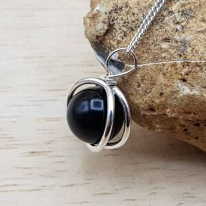 Rainbow Obsidian pendant necklace. Small minimalist 3D round frame necklace. Reiki jewelry. Black semi precious stone 10mm Sterling silver.