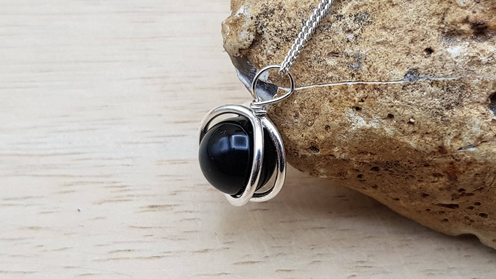 Rainbow Obsidian Pendant Necklace. Small Minimalist 3d Round Frame Necklace. Reiki Jewelry. Black Semi Precious Stone 10mm Sterling Silver.
