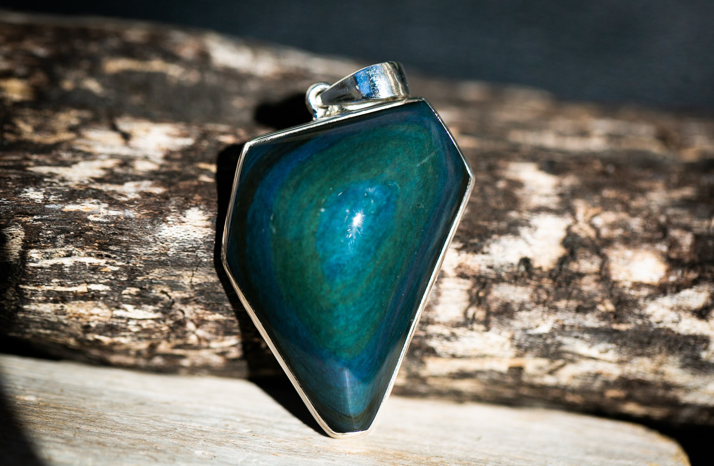 Sterling Silver Rainbow Obsidian Pendant – Large Gemstone Necklace
