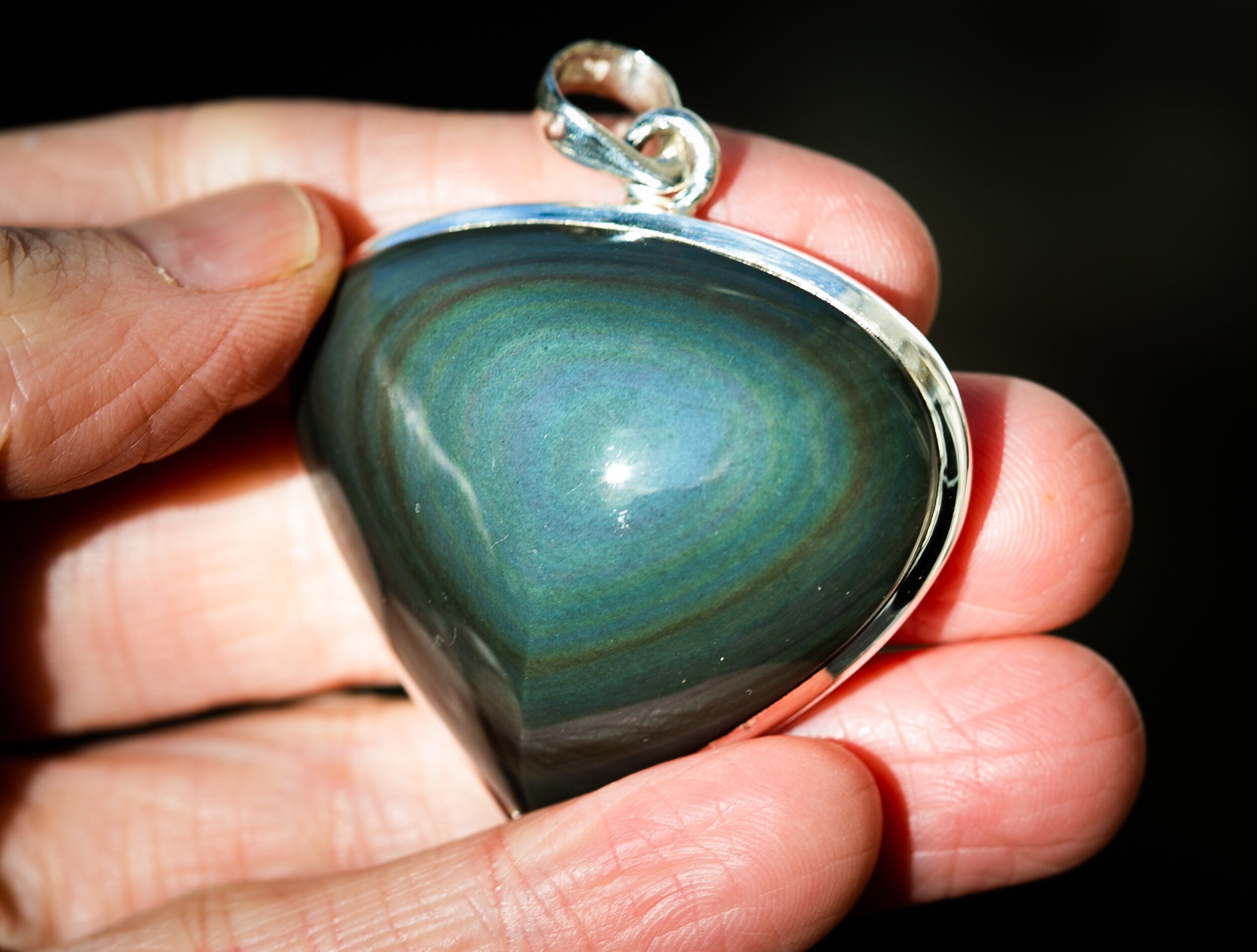 Sterling Silver Rainbow Obsidian Heart Pendant - Large Gemstone