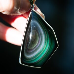 Sterling Silver Rainbow Obsidian Pendant: Large Gemstone Necklace