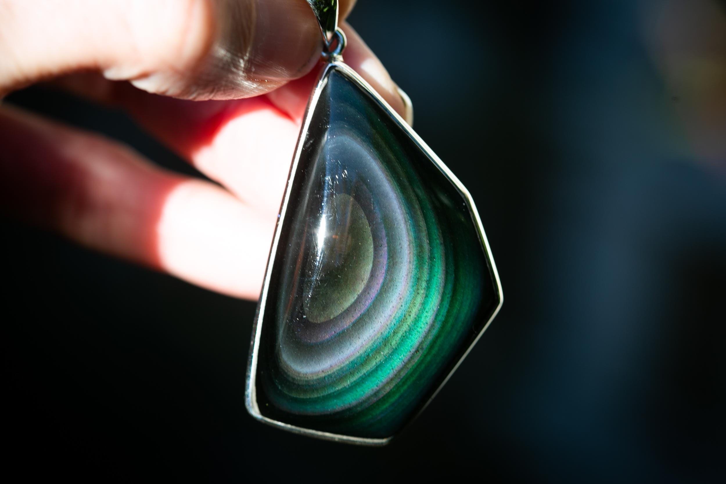 Sterling Silver Rainbow Obsidian Pendant: Large Gemstone Necklace