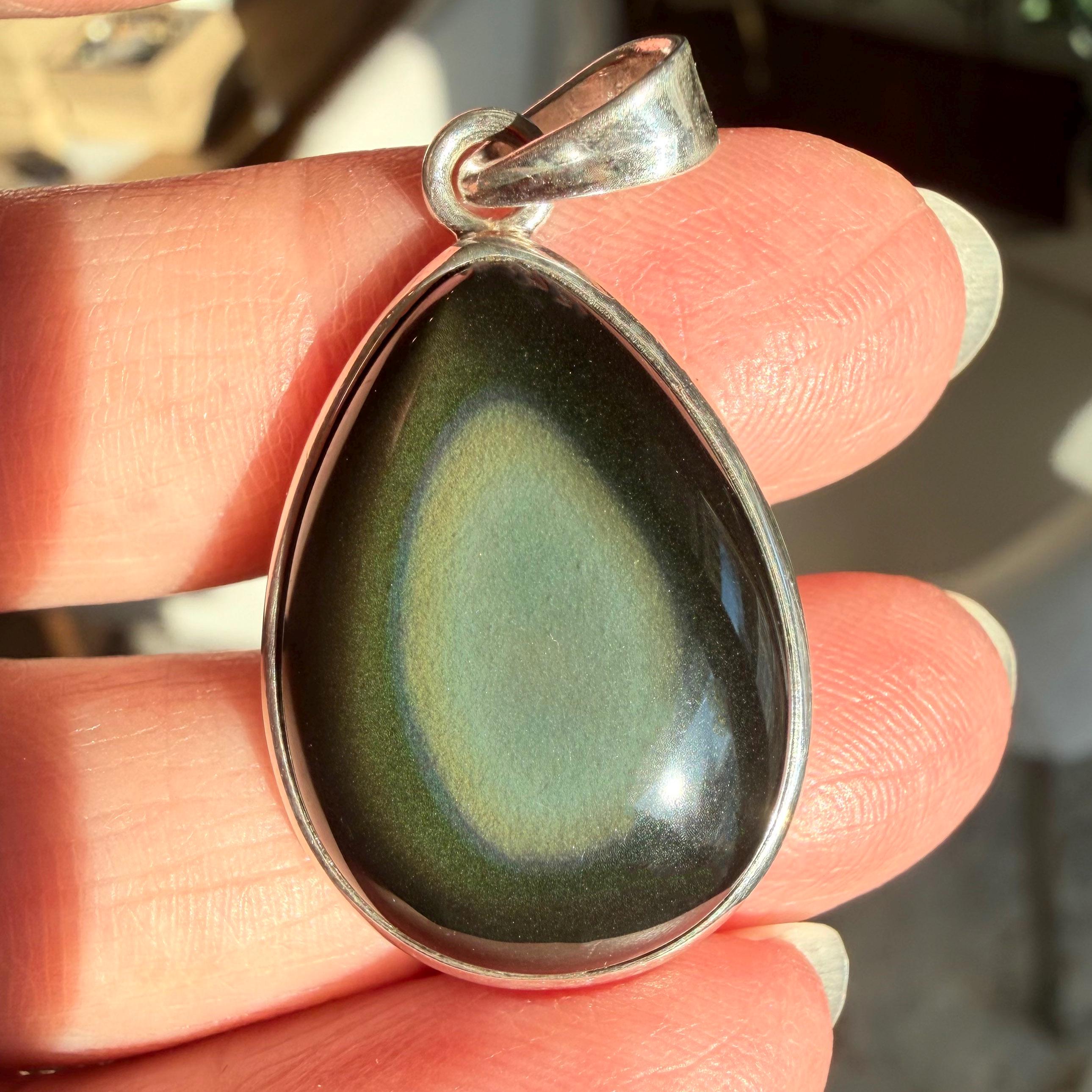 Rainbow Obsidian Teardrop Pendant, Sterling Silver Setting, Unisex Jewelry