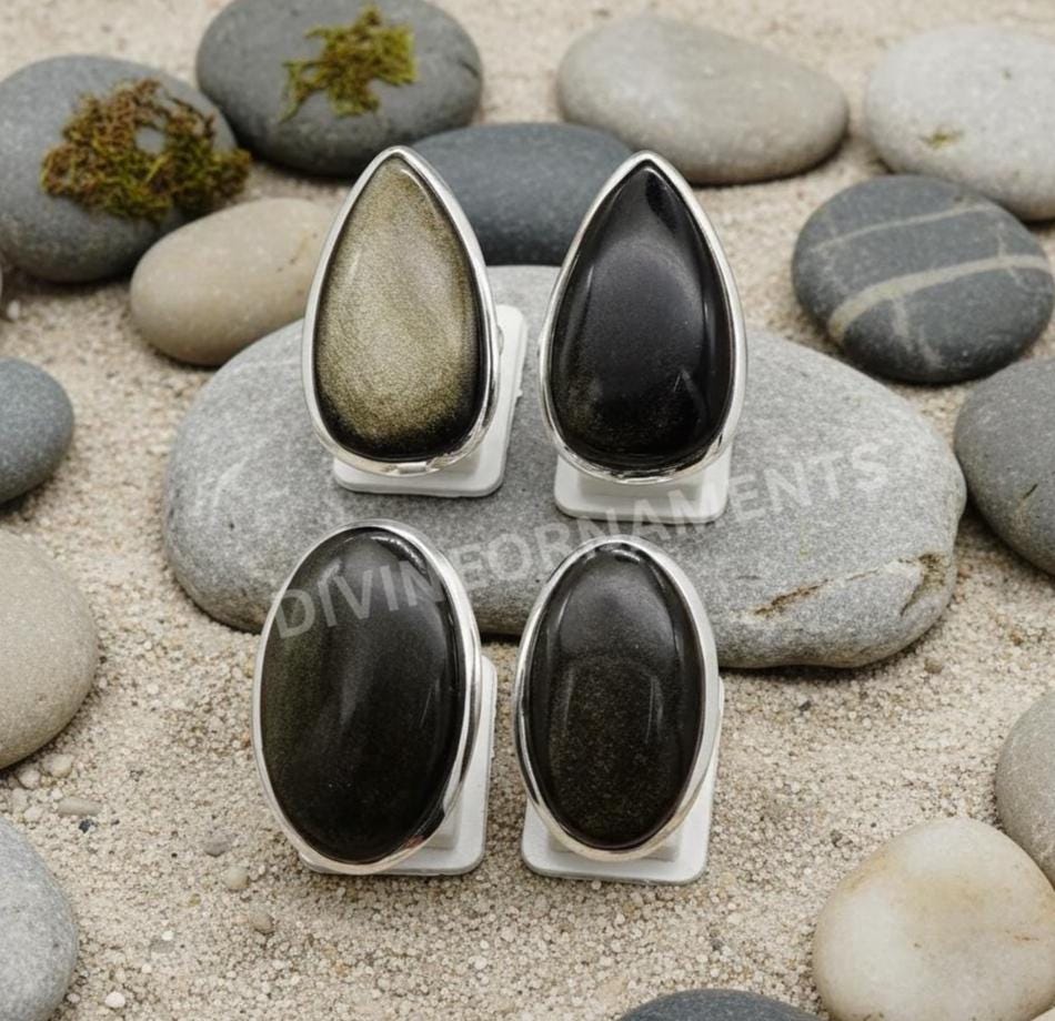 Black Rainbow Obsidian 925 Sterling Silver Gemstone Ring – Protective Crystal Jewelry