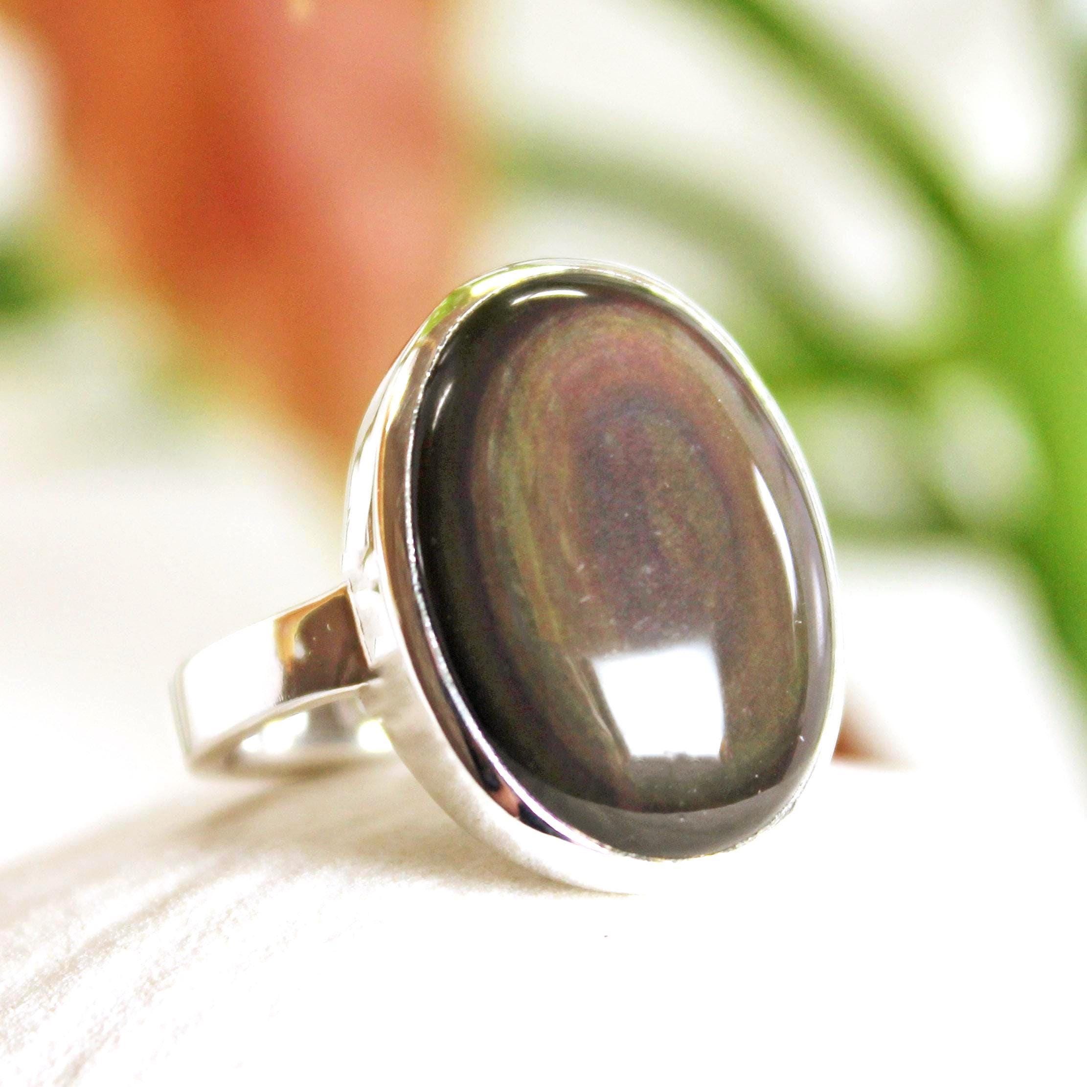 Rainbow Obsidian Ring: Oval Cab Stone, 925 Sterling Silver, Size 7-7.5