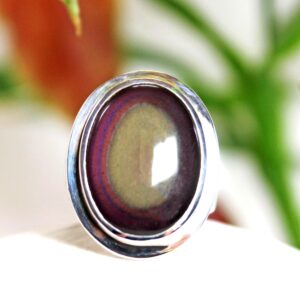 Rainbow Obsidian Ring: Oval Cabochon 925 Sterling Silver, Size 7