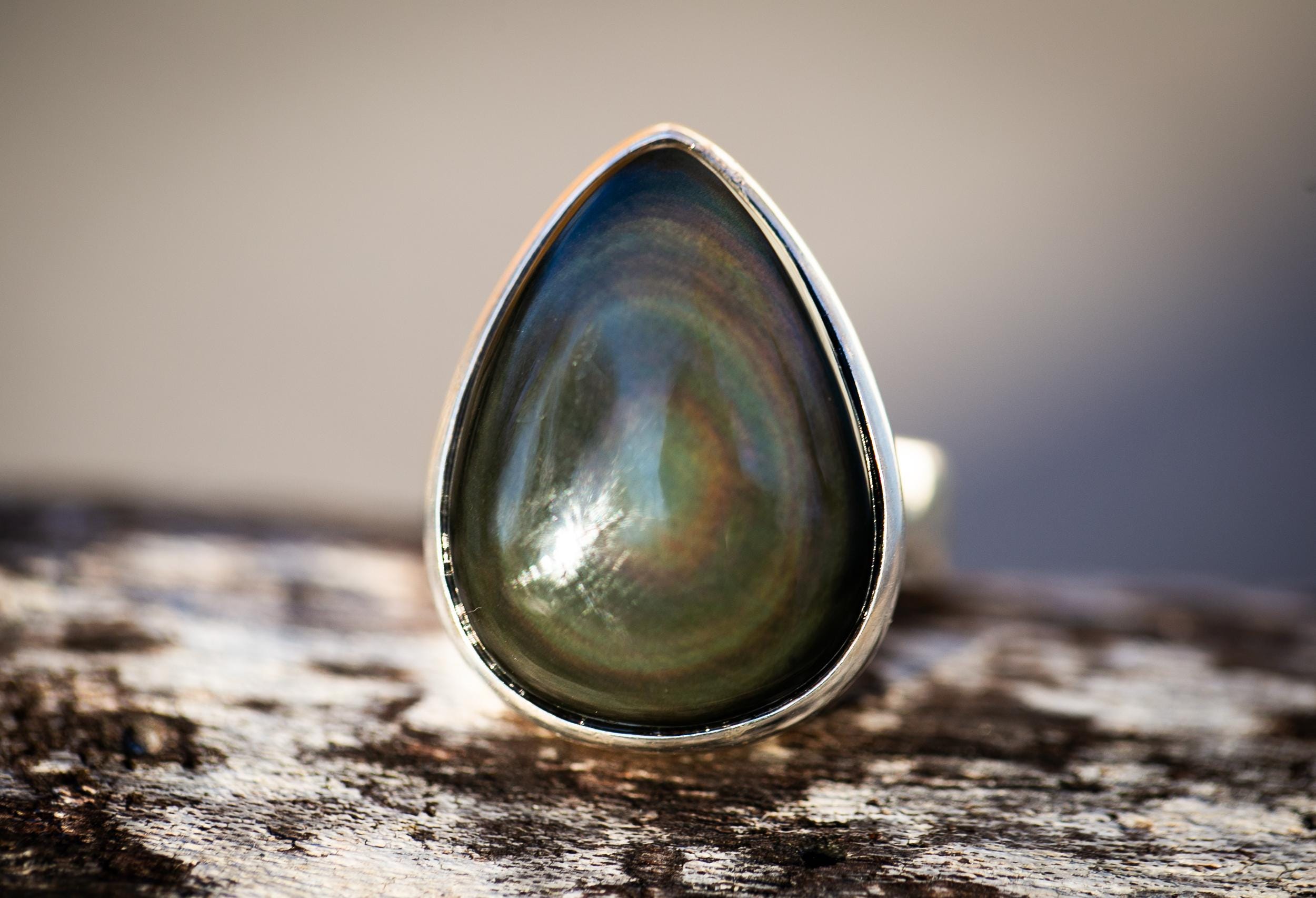 Sterling Silver Rainbow Obsidian Drop Ring - Size 8.25