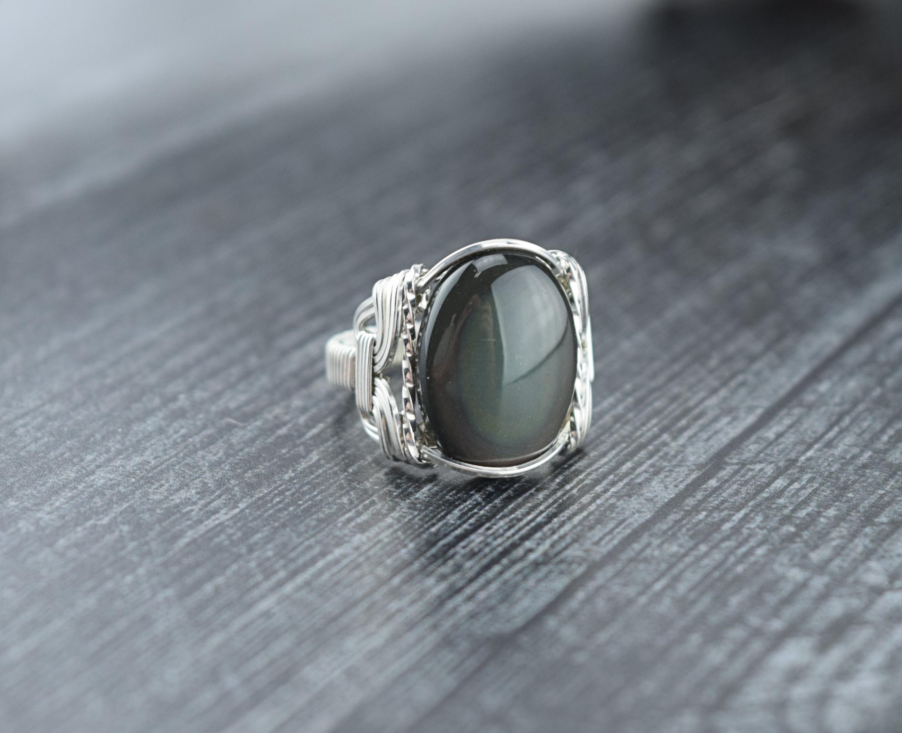 Sterling Silver Rainbow Obsidian Cabochon Wire Wrapped Ring - Choose Your Stone