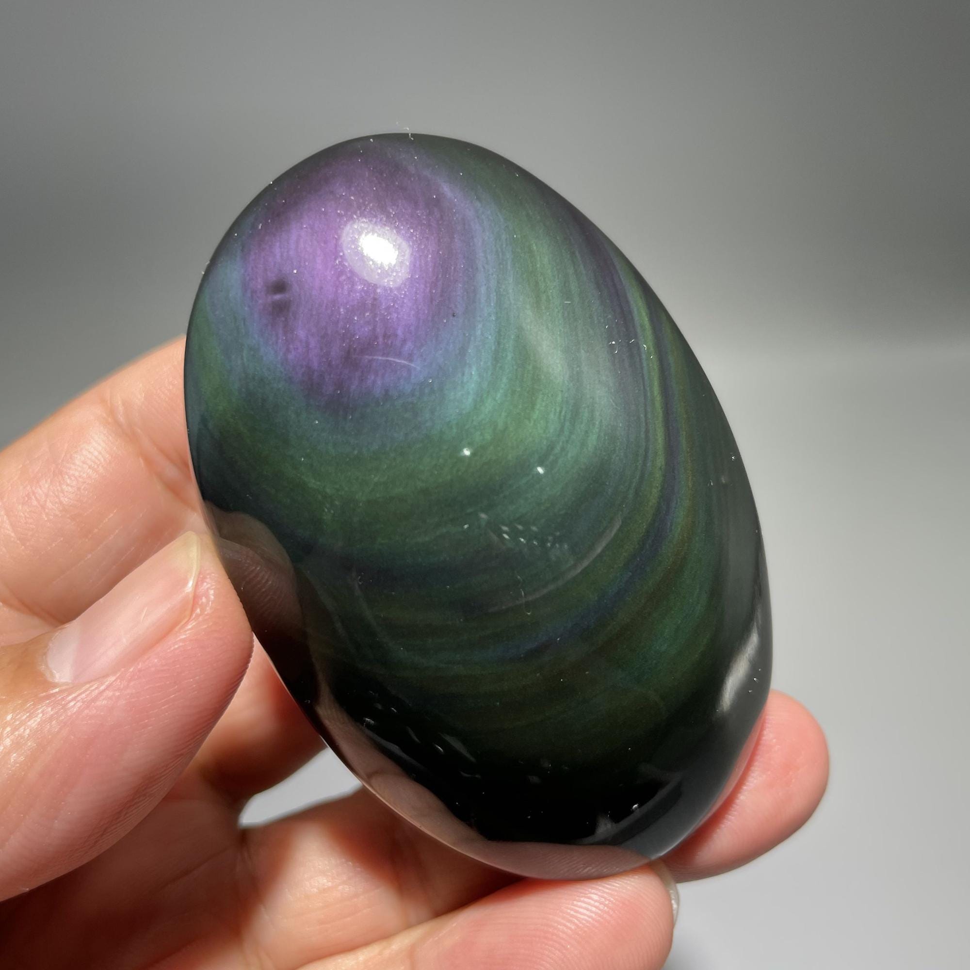 Natural Rainbow Obsidian Palm Stone: Handmade Reiki Healing Crystal Decor (3.03")
