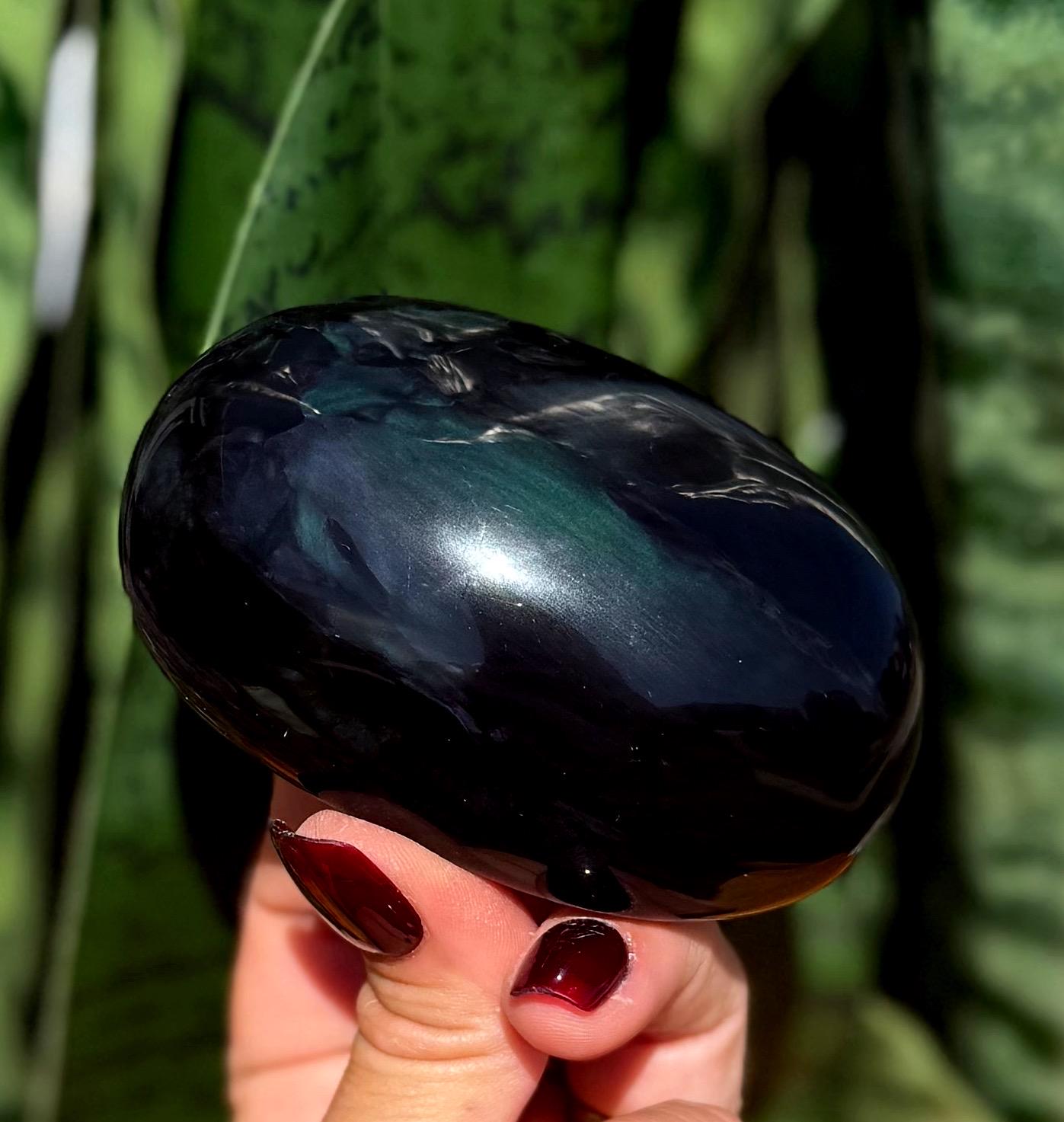 Rainbow Obsidian Palm Stone: Volcanic Glass Root Chakra Stone