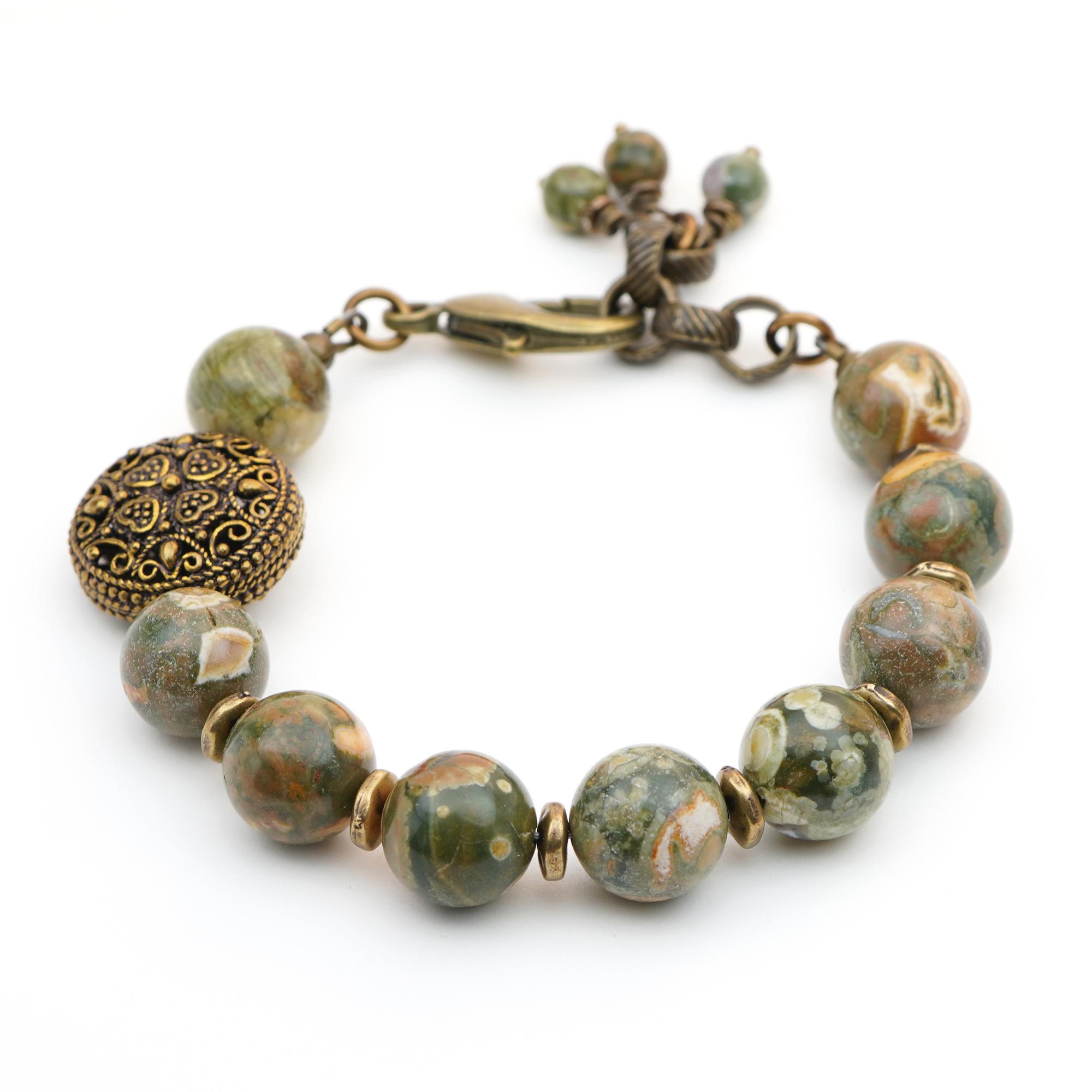 Green Rhyolite Bracelet, Stone Beads, Brass Tone Large Lobster Claw Clasp, Adjustable, Fits 6 1/4 To 7 Inch Wrist