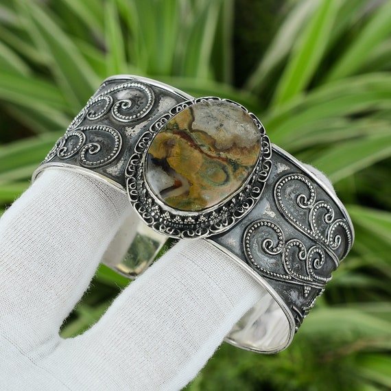Handmade Rhyolite Cuff Bracelet: Adjustable Sterling Silver Bangle