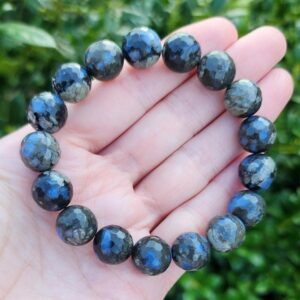Rhyolite Gemstone Bracelet, Chunky Bracelet, 12mm Gemstone Bracelet, Black Gray Blue Stretchy Bracelet, Handmade Bracelet, Stacking Bracelet