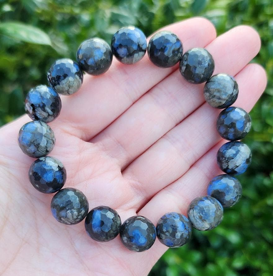 Rhyolite Gemstone Bracelet, Chunky Bracelet, 12mm Gemstone Bracelet, Black Gray Blue Stretchy Bracelet, Handmade Bracelet, Stacking Bracelet