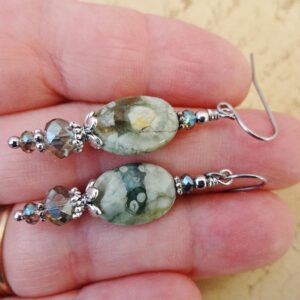 Green Rhyolite Gemstone Earrings: Green Stone and Crystal Boho Jewelry Green Rhyolite Gemstone Earrings: Green Stone and Crystal Boho Jewelry