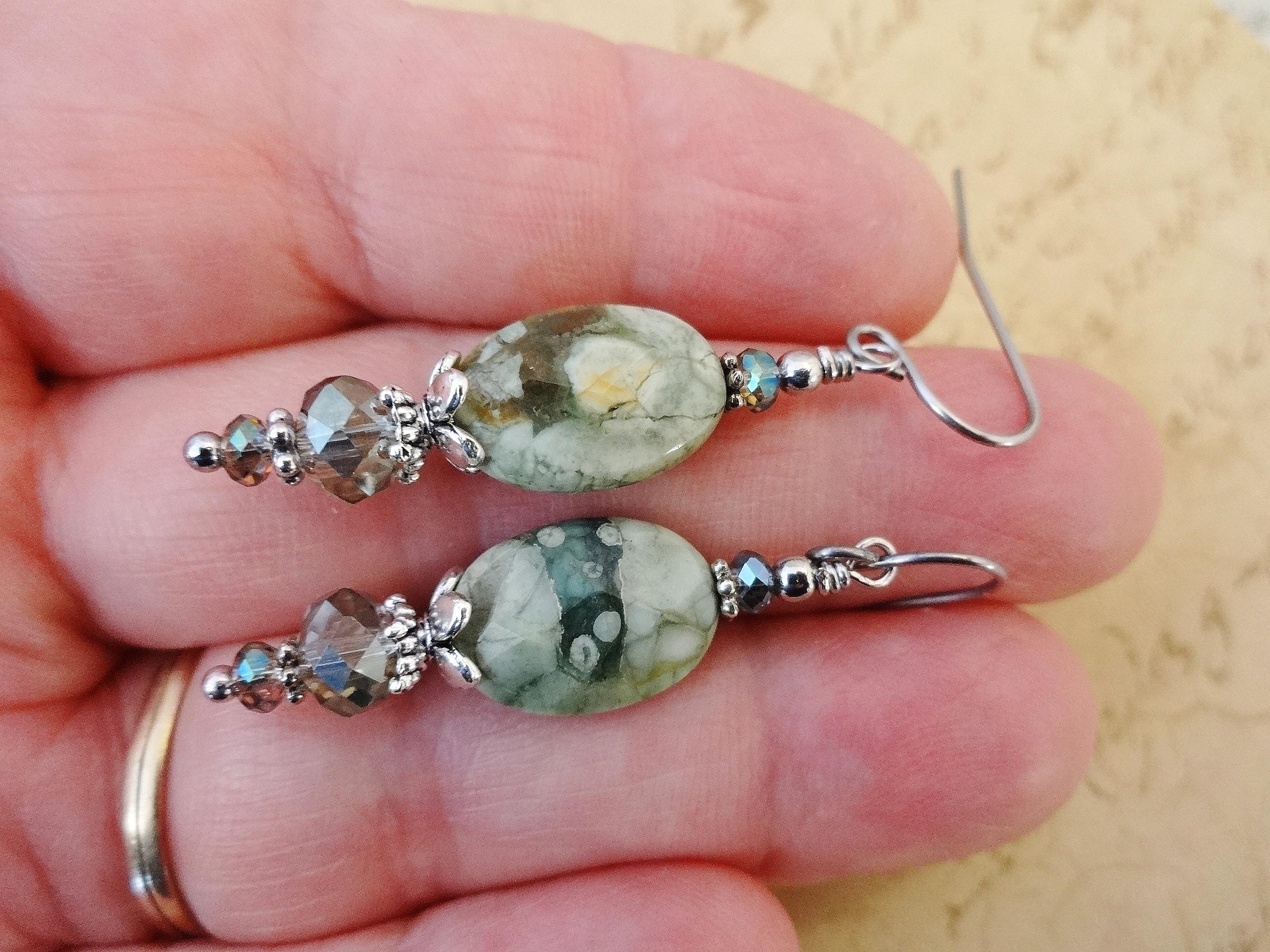 Green Rhyolite Gemstone Earrings: Green Stone And Crystal Boho Jewelry