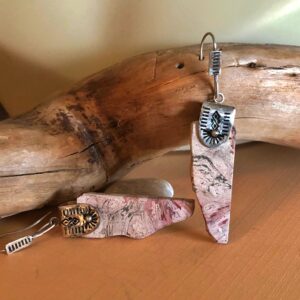 Pink Rhyolite Raw Gemstone Earrings: Hand Stamped Sterling Silver Dangles, Bobo Style Pink Rhyolite Raw Gemstone Earrings: Hand Stamped Sterling Silver Dangles, Bobo Style