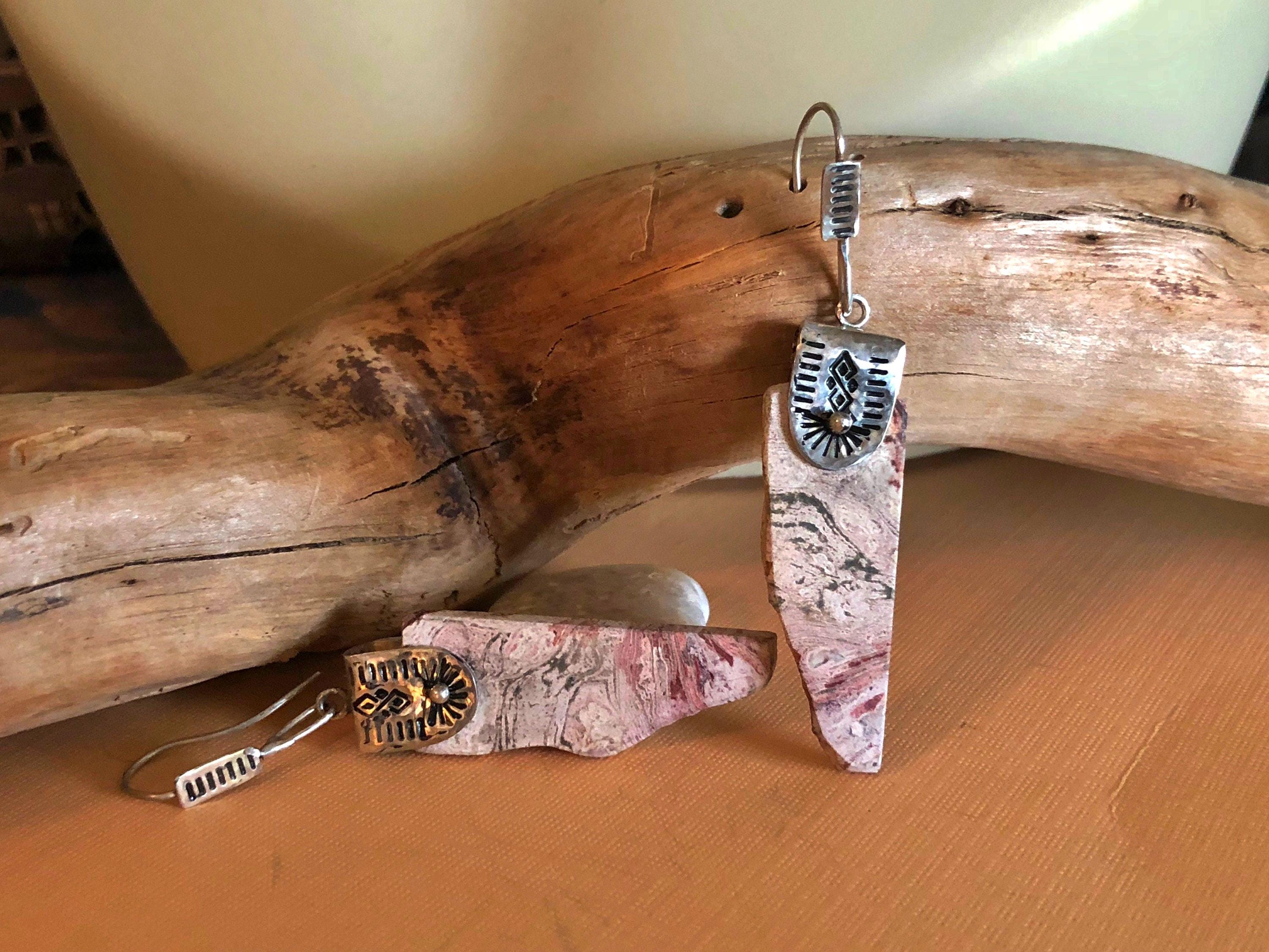 Pink Rhyolite Raw Gemstone Earrings: Hand Stamped Sterling Silver Dangles, Bobo Style