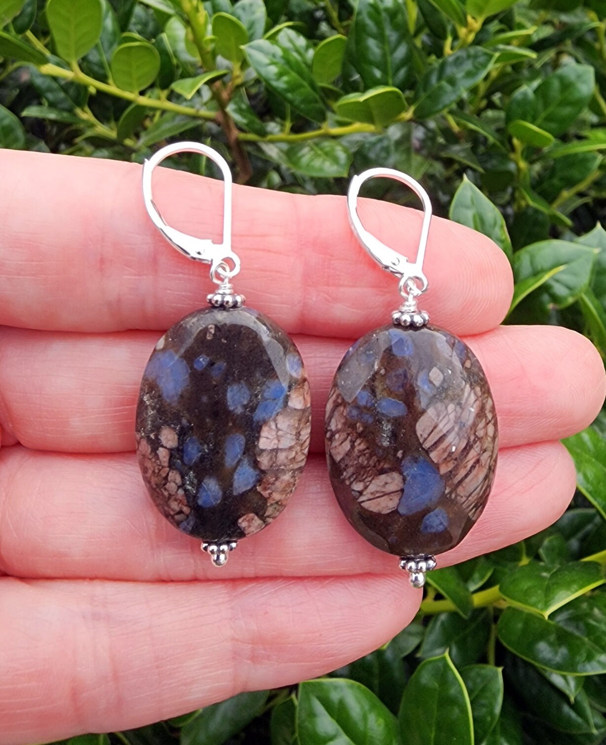 Rhyolite Gemstone Earrings Sterling Silver Lever Back, Big Oval Shape Brown Blue Gemstone Dangle Earrings, Gemstone Statement Earrings