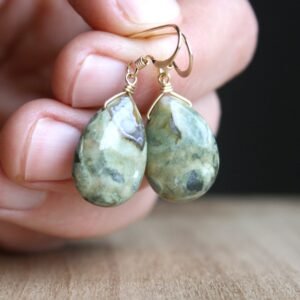 Rhyolite Earrings: Green Gemstone Teardrop Dangles, 14k Gold Fill