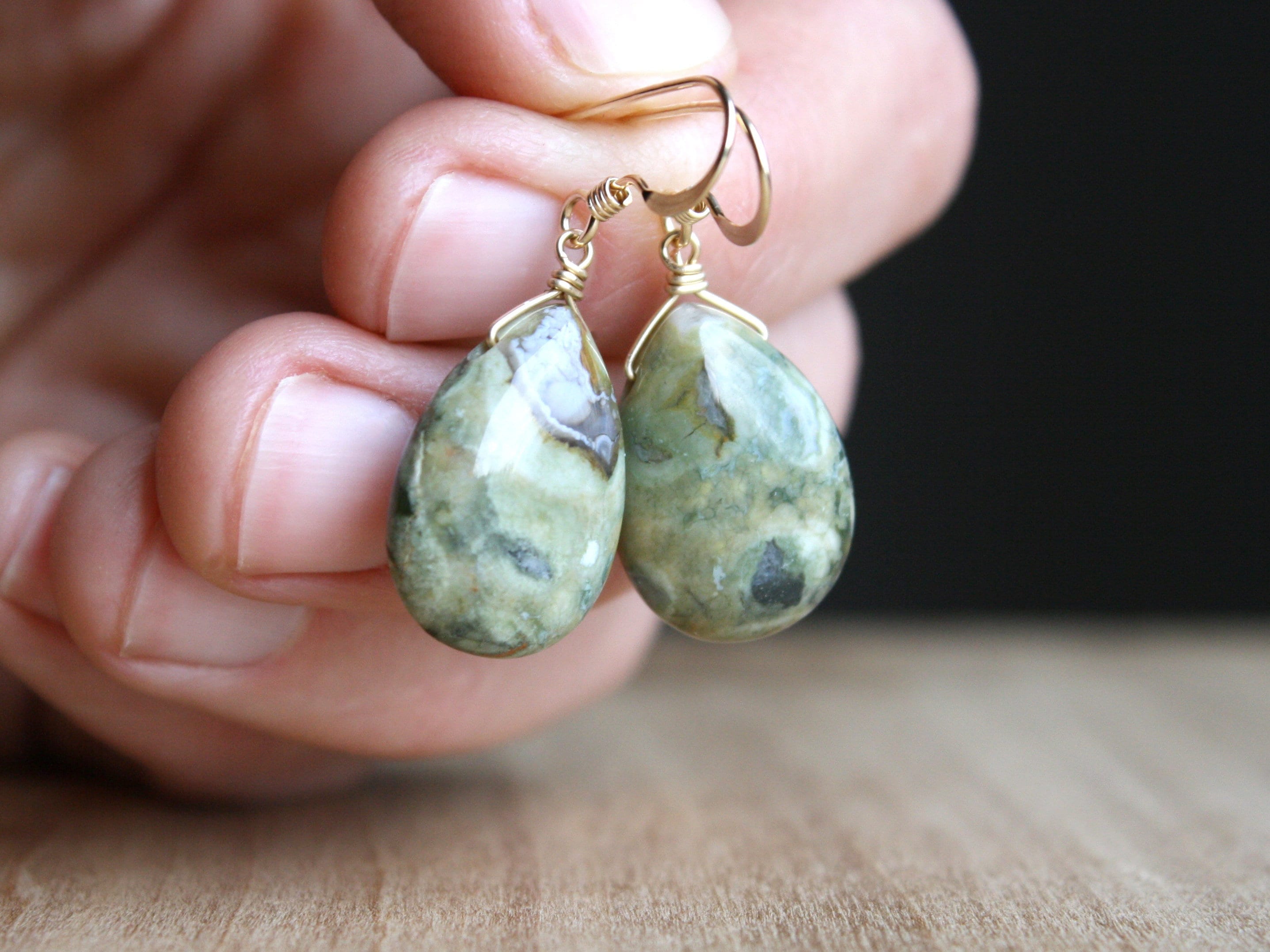 Rhyolite Earrings: Green Gemstone Teardrop Dangles, 14k Gold Fill