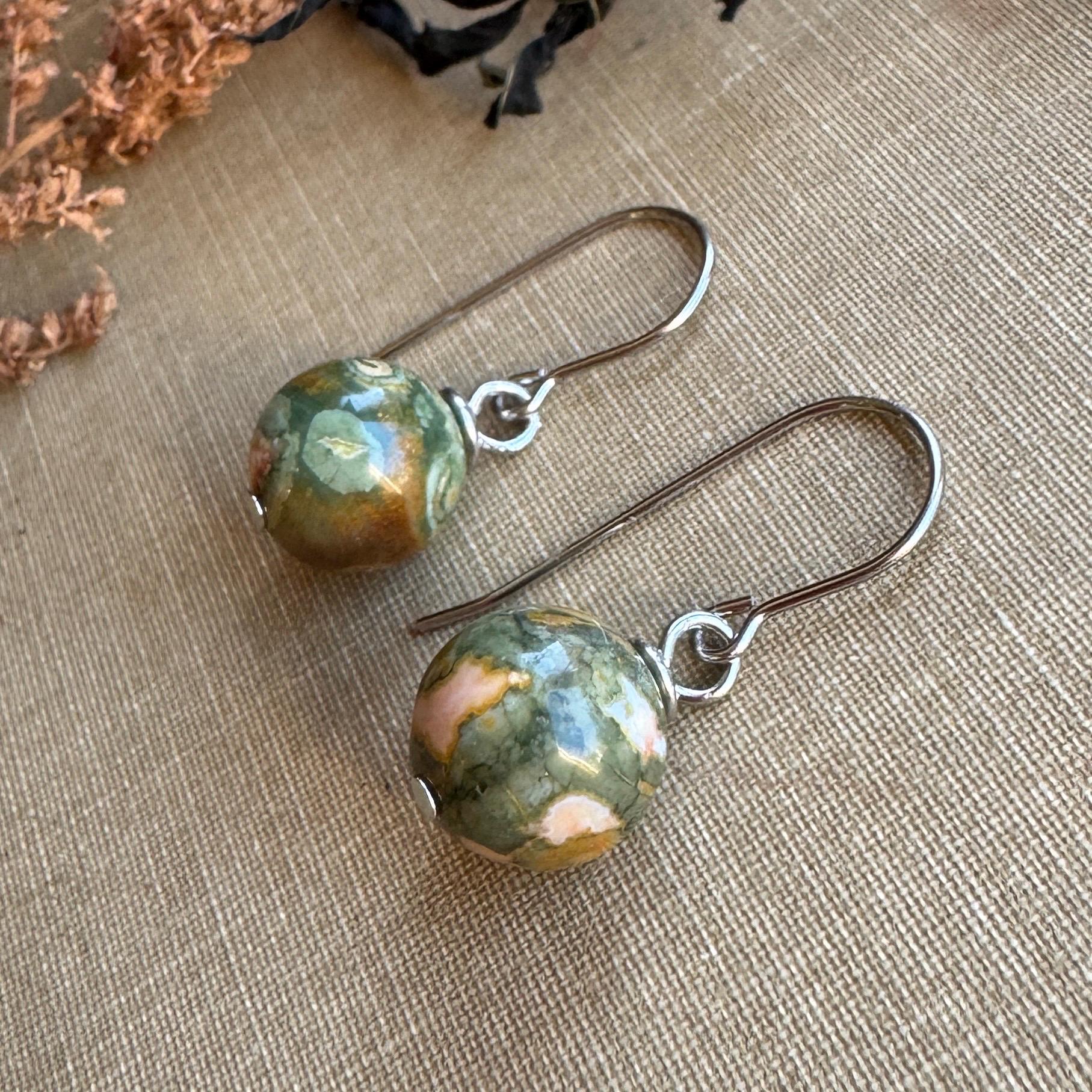 Rhyolite Earrings, Rust And Green Ball Bead Earrings