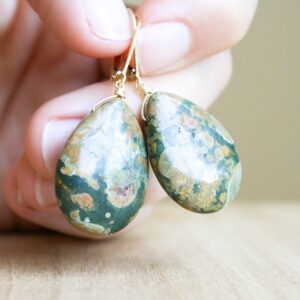Rhyolite Teardrop Earrings: Green Gemstone, 14k Gold Filled Leverback