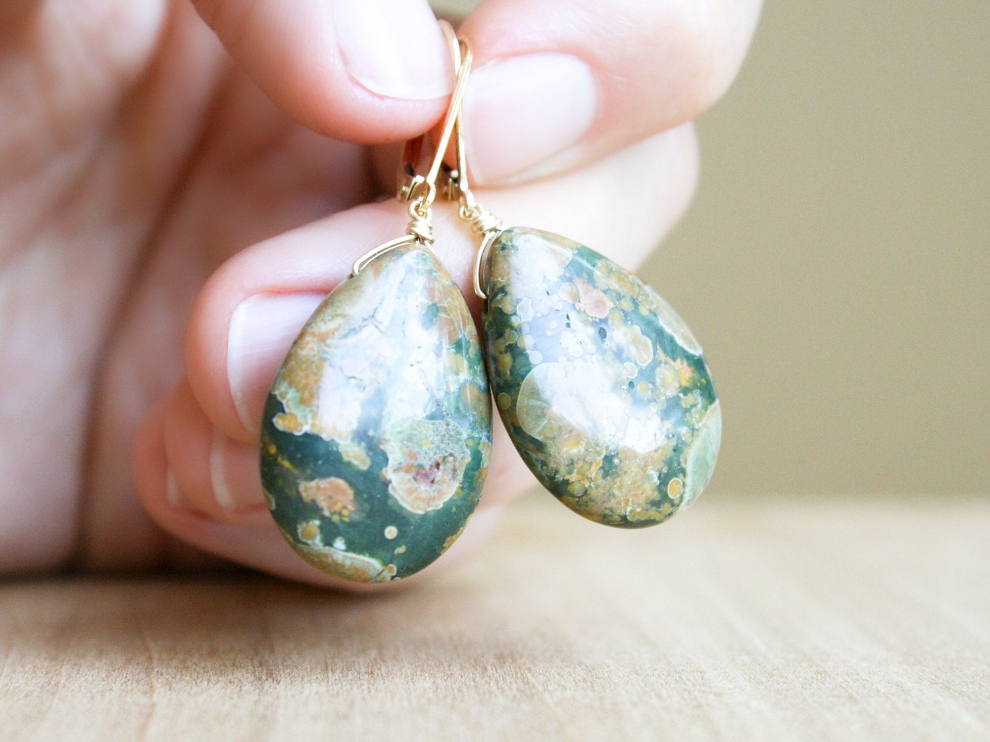 Rhyolite Teardrop Earrings: Green Gemstone, 14k Gold Filled Leverback Rhyolite Teardrop Earrings: Green Gemstone, 14k Gold Filled Leverback