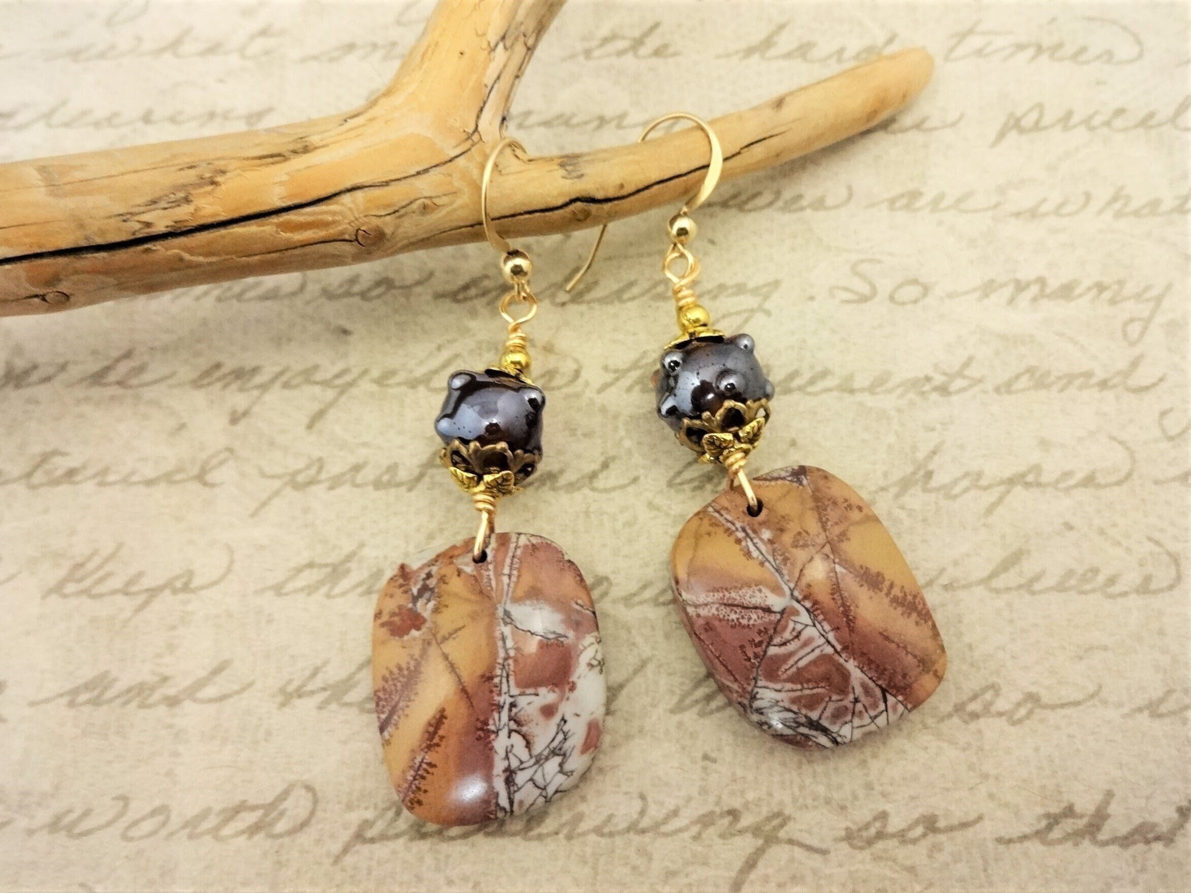 Sonora Dendritic Rhyolite Earrings: Gold Wire Wrapped Jasper Jewelry Sonora Dendritic Rhyolite Earrings: Gold Wire Wrapped Jasper Jewelry
