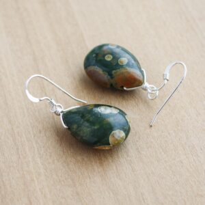 Sterling Silver Rhyolite Earrings: Green Teardrop Dangle Gemstone