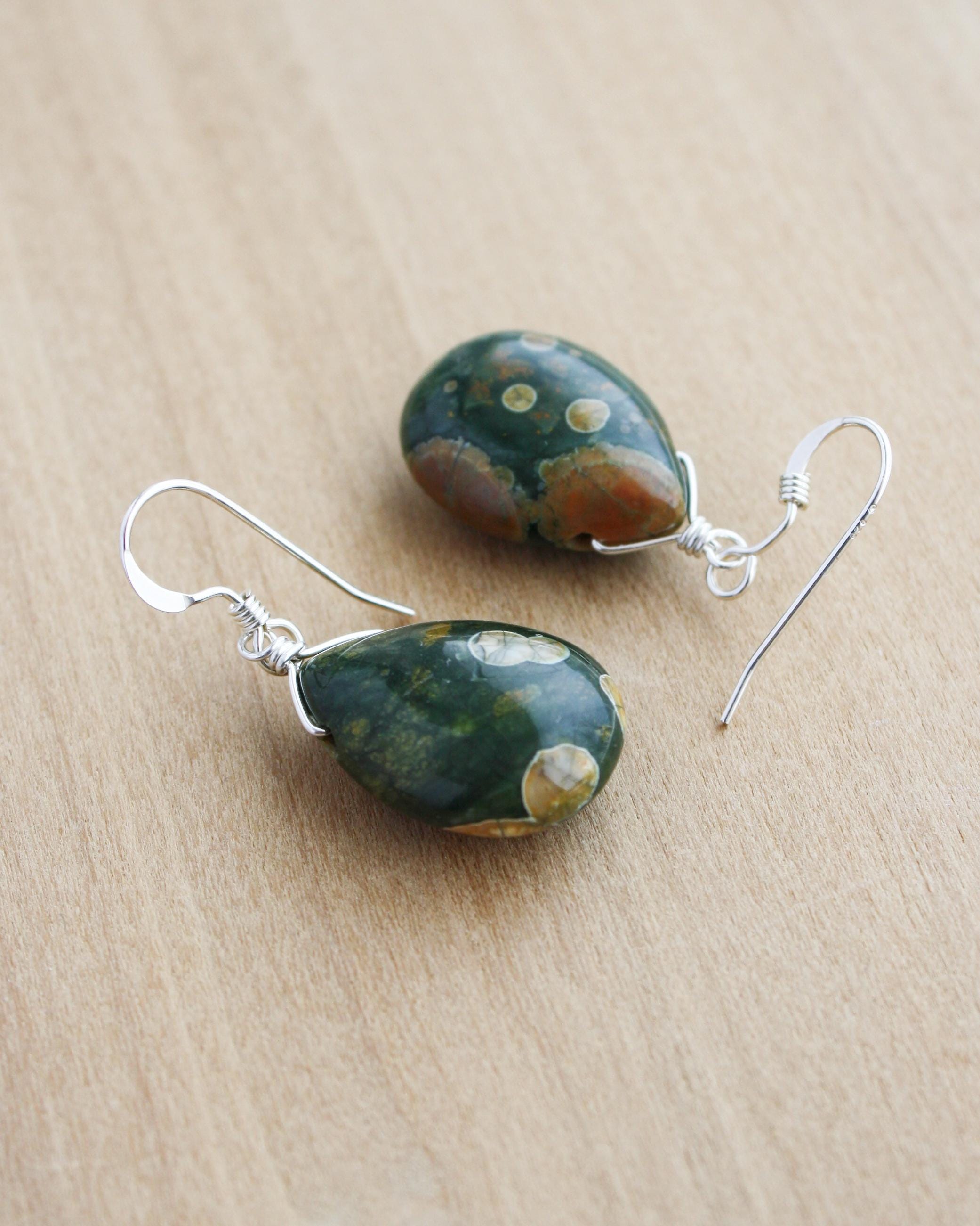 Sterling Silver Rhyolite Earrings: Green Teardrop Dangle Gemstone Sterling Silver Rhyolite Earrings: Green Teardrop Dangle Gemstone