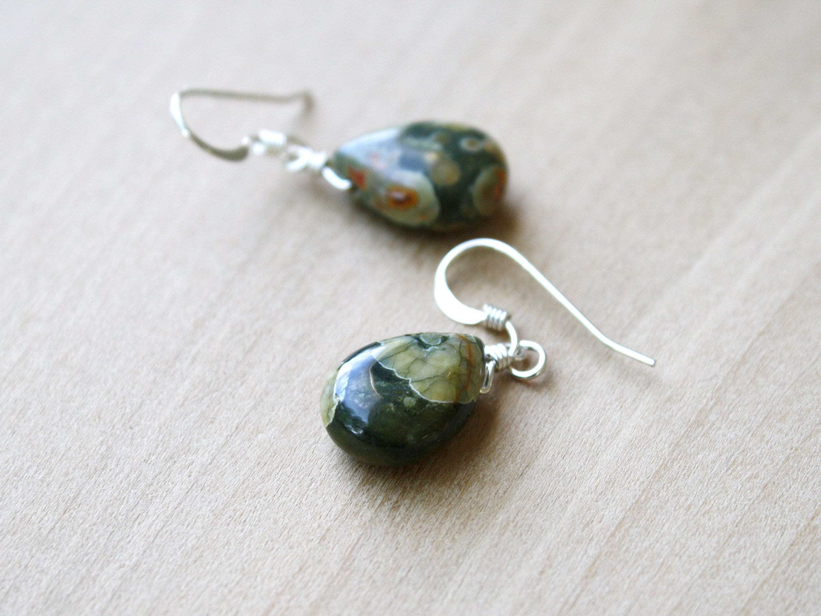 Sterling Silver Rhyolite Teardrop Dangle Earrings, Gemstone