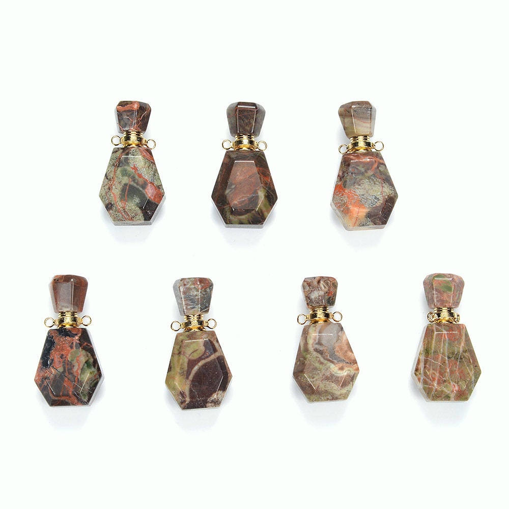 36x18x13mm Natural Rainforest Jasper Gemstone Perfume Bottle Pendant Faceted, Essential Oil Bottle Beads 1 Bead (80017222-p70)