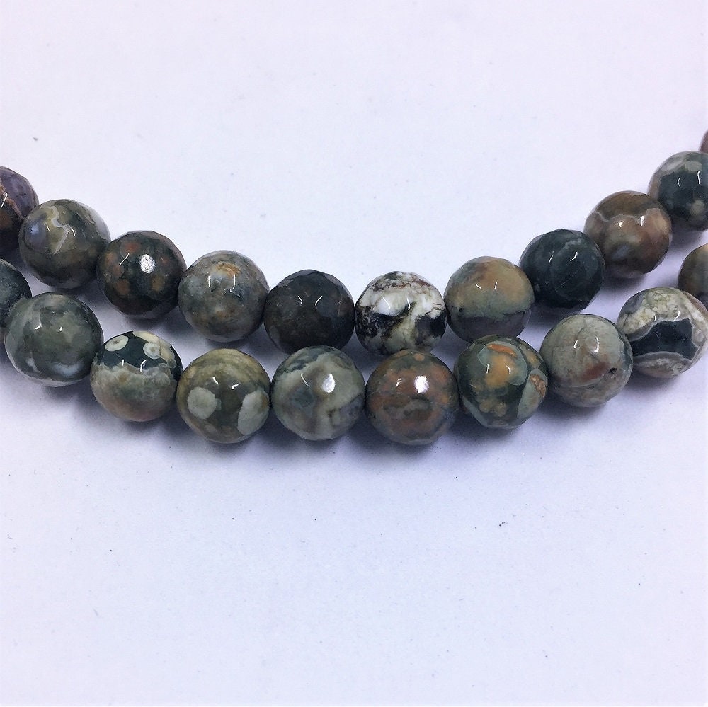 Green Rhyolite Gemstone Beads. 8mm Faceted Round Beads On 15 Inch Strand. Full Strand Of Aa/aaa Grade Beads, 48 Per Strand. Rainforest.