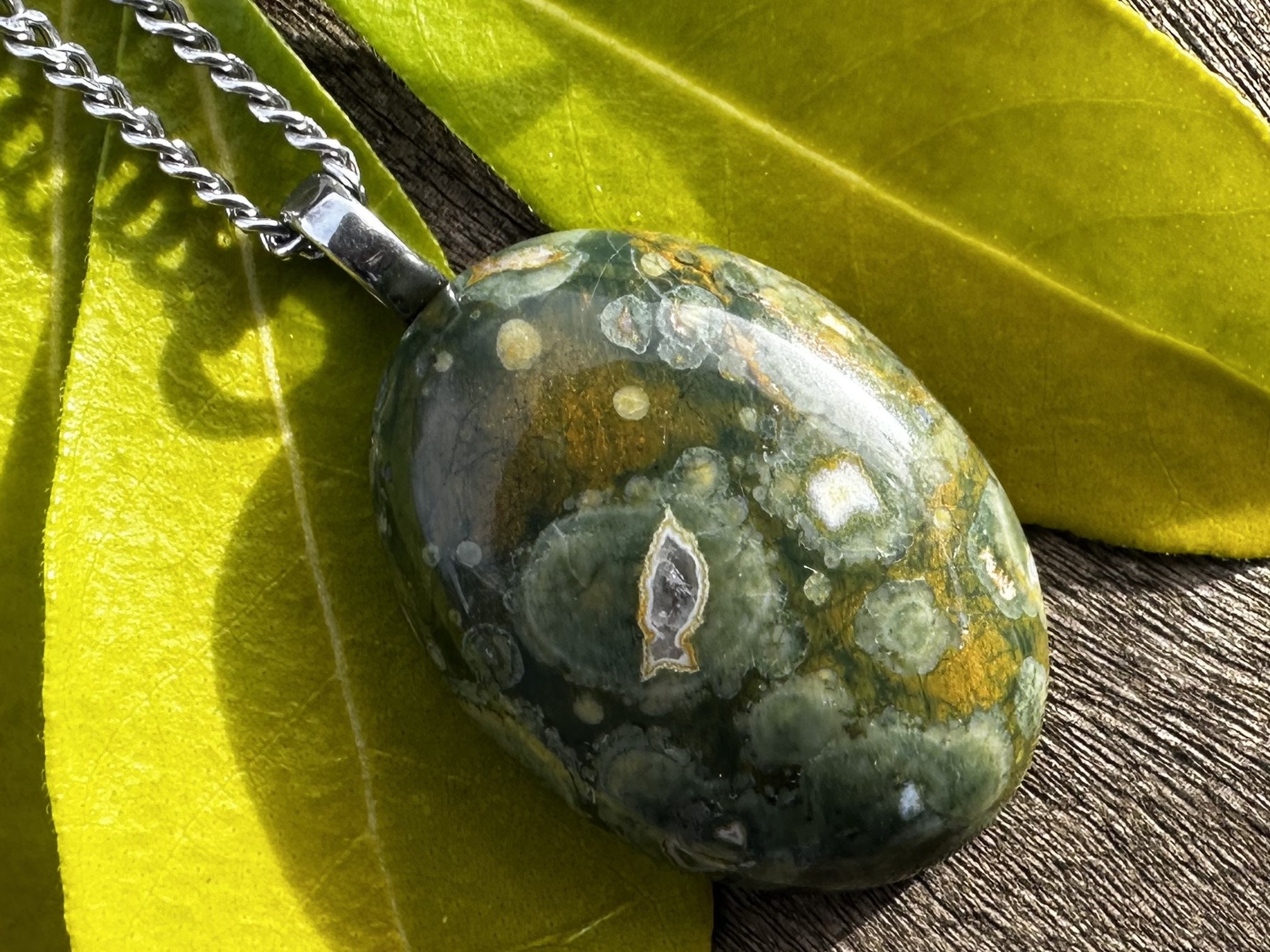 Unisex Rhyolite Stainless Steel Healing Stone Necklace!