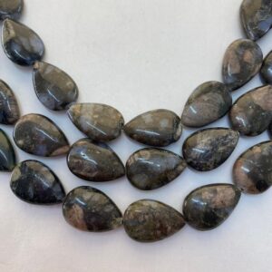 13x18mm Teardrop Shaped Blue Riolita Gemstone Beads. 15” Strand Of Black, Brown And Blue Teardrops, 22 Per Strand. A Form Of Rhyolite.