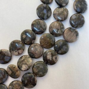 16mm Coin Blue Riolita Gemstone Beads. 15” Strand Of Black, Brown And Blue Coin Beads, 24 Per Strand. A Form Of Rhyolite.