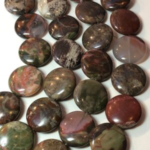 20mm Puff Coin Dark Green Rain Forest Jasper Gemstone Beads. Full 15" Strand Of Aa/aaa Grade Beads. Unusual Variation Of Rhyolite.