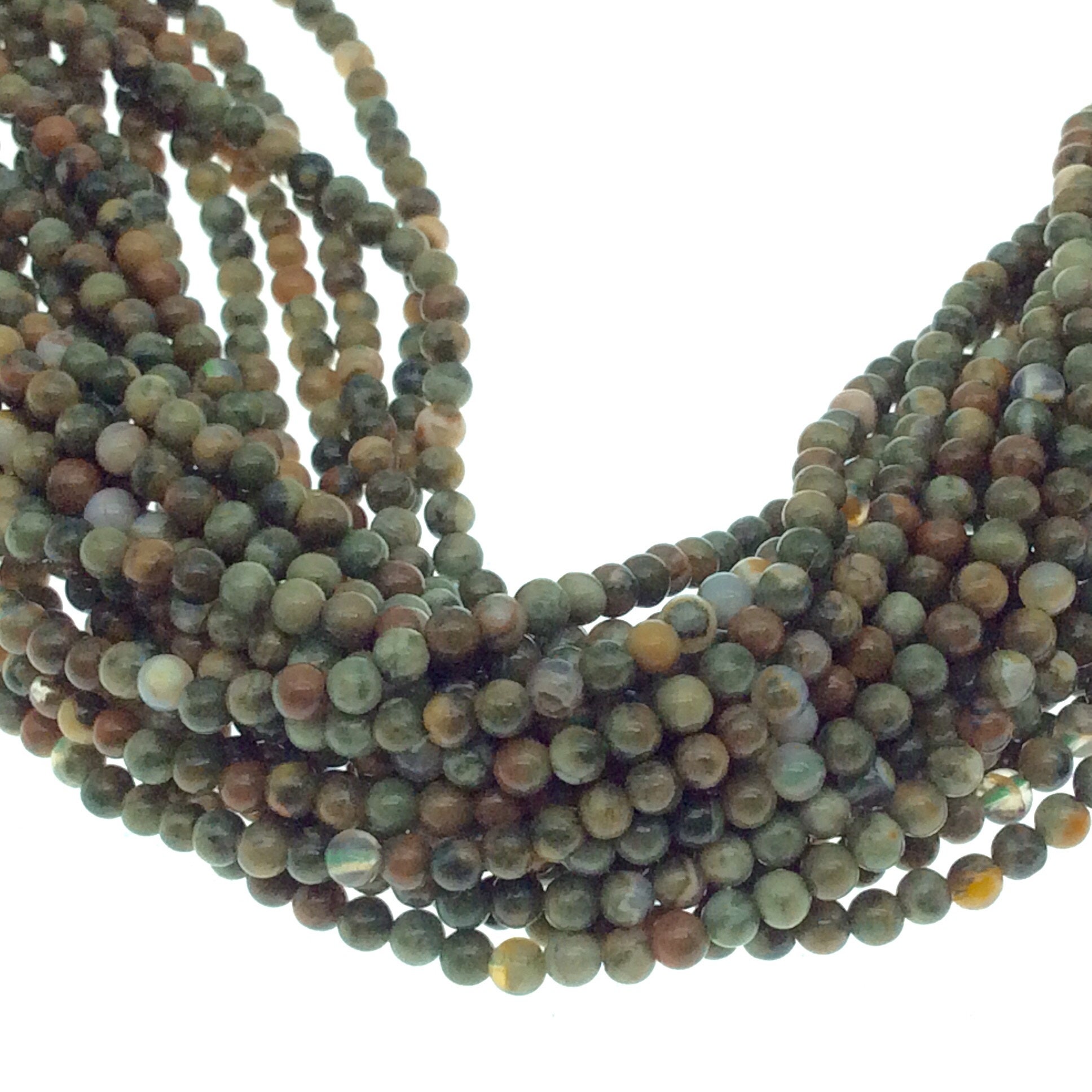 2mm Rainforest Jasper Beads: Green, Cream, Brown, 15.25" Strand