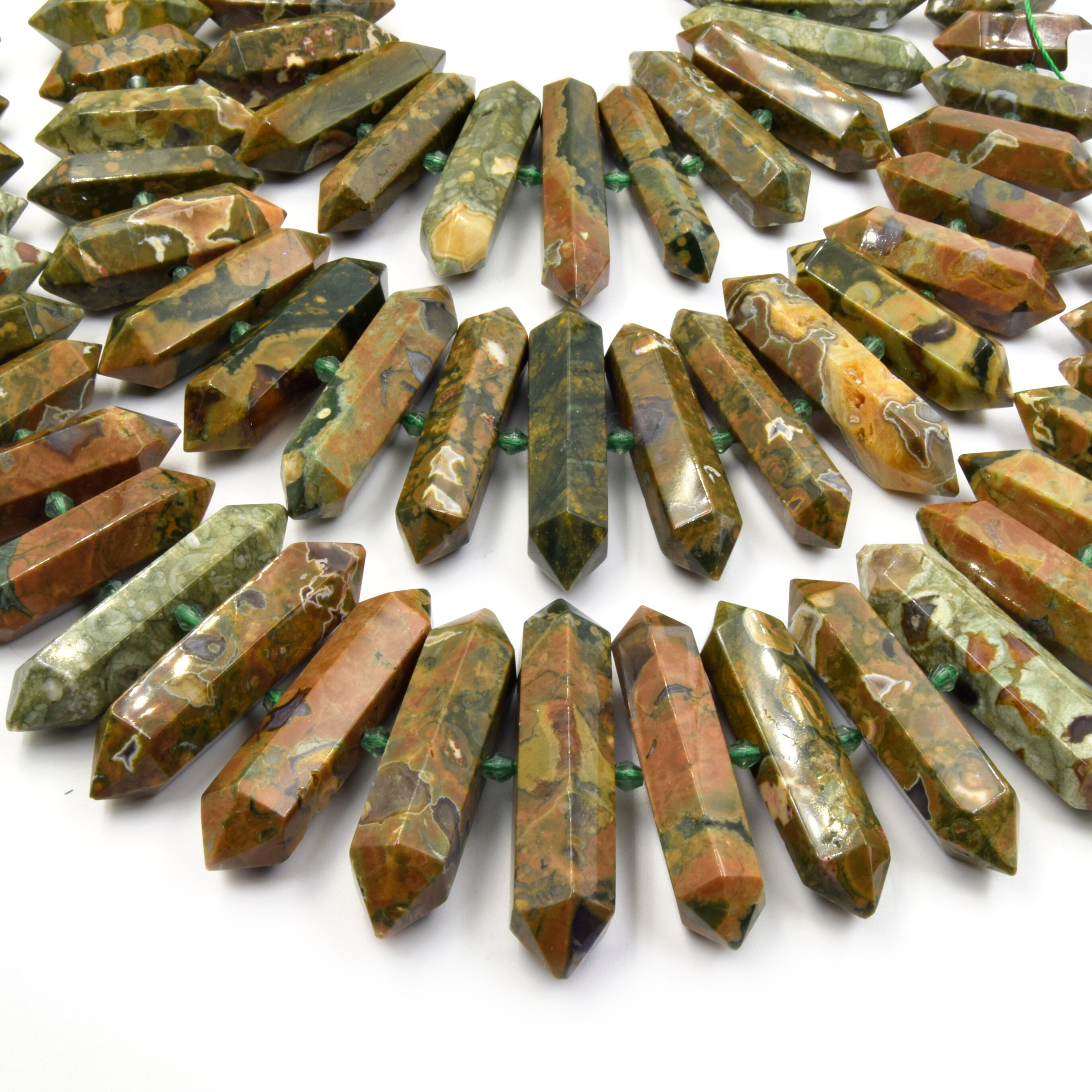Rainforest Jasper Beads: Graduated Rhyolite Double Point Gemstone, 25-50mm