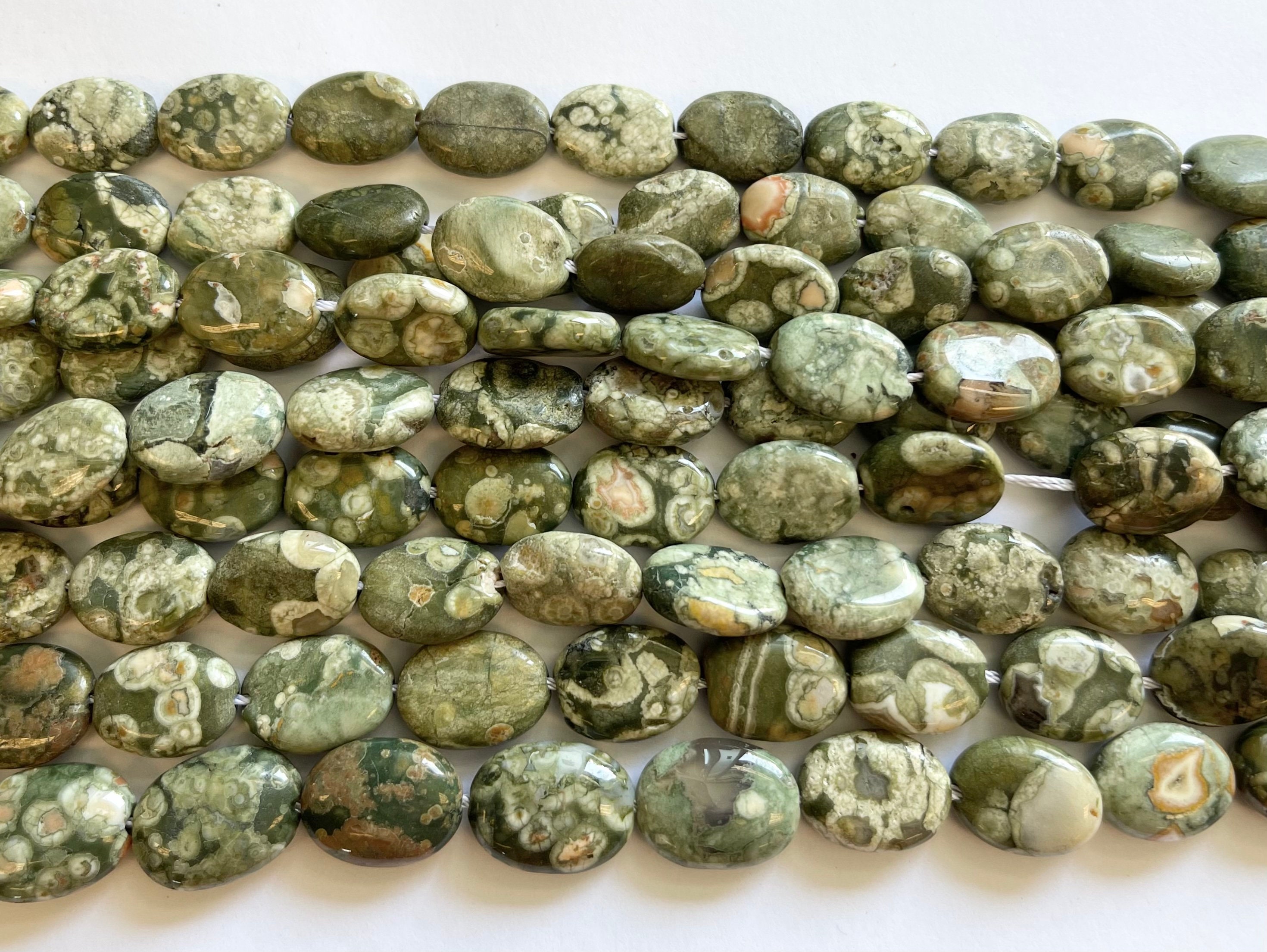 Natural Rhyolite 14x10x5mm Flat Oval Gemstone Beads--15.5 Inch Strand