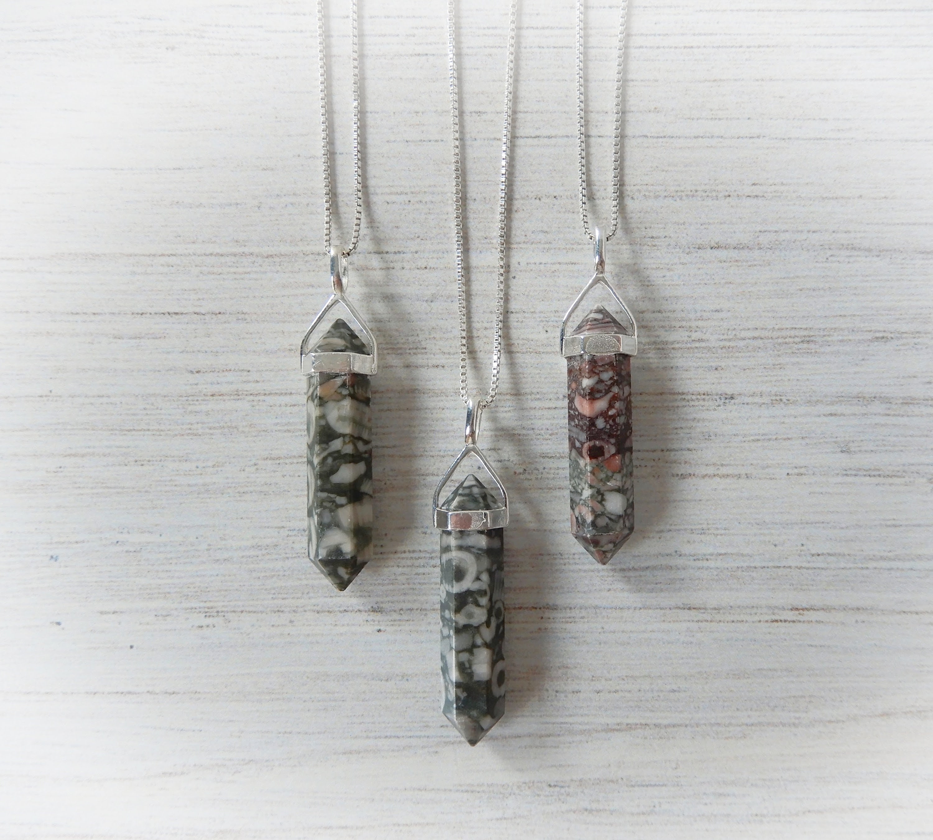 Fossil Jasper Necklace Sterling Silver • Crystal Point Pendants • Jasper Point Pendant • Rainforest Jasper Crystal Jewelry • Affordable Gift Fossil Jasper Necklace Sterling Silver • Crystal Point Pendants • Jasper Point Pendant • Rainforest Jasper Crystal Jewelry • Affordable Gift